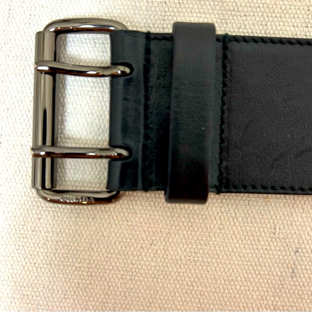 PRADA Vintage Black Leather Belt with Silver Buckle - Picture 2 of 7
